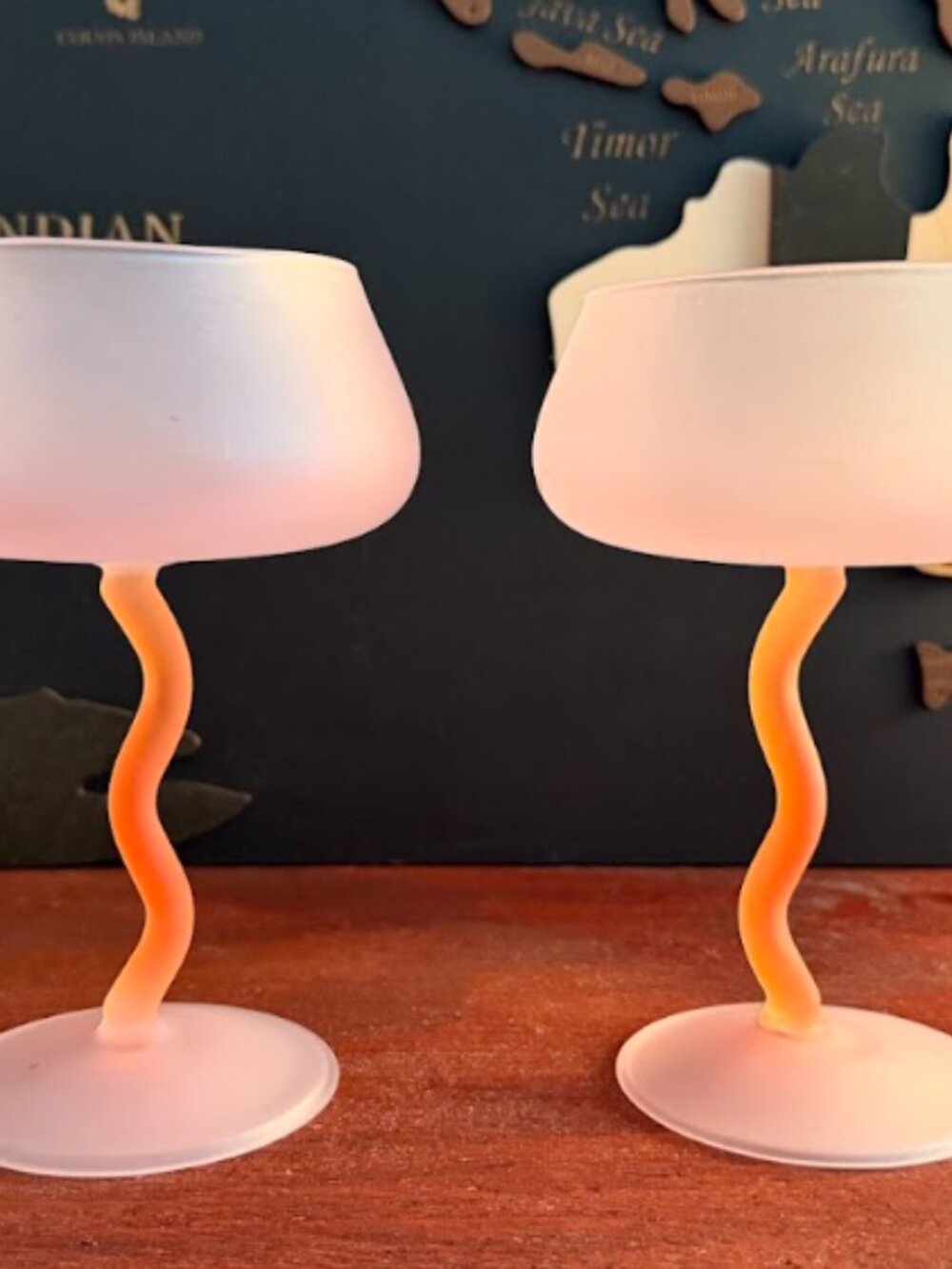 Wavy Stem Coupe Glasses - Pink & Orange, Set of 2, Excellent Condition